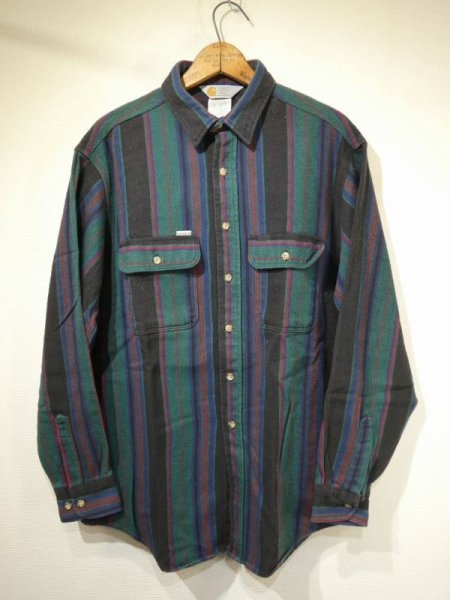 画像1: 80s Carhartt RANDOM BORDER STRIPE HEAVY FLANNEL SHIRT MADE IN USA (1)