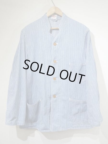 画像1: 40s BEST STAND COLLAR HICKORY STRIPE DENIM CHORE JACKET COVERALL with CHANGE BUTTON AND STENCIL (1)