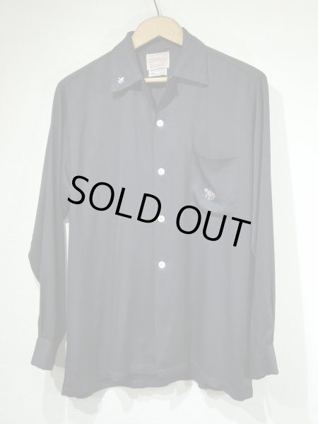画像1: 50s CREIGHTON Sportswear BLACK PLAIN SOLID LOOP COLLAR RAYON SHIRT with EMBROIDED (1)