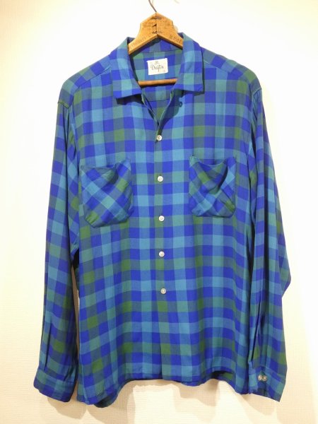 画像1: 50s Drayton BLOCK CHECK RAYON OPEN COLLAR BOX SHIRT (1)