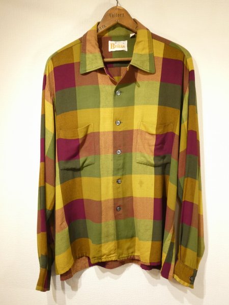 画像1: 60s Britt's BLOCK CHECK RAYON LOOP COLLAR BOX SHIRT (1)