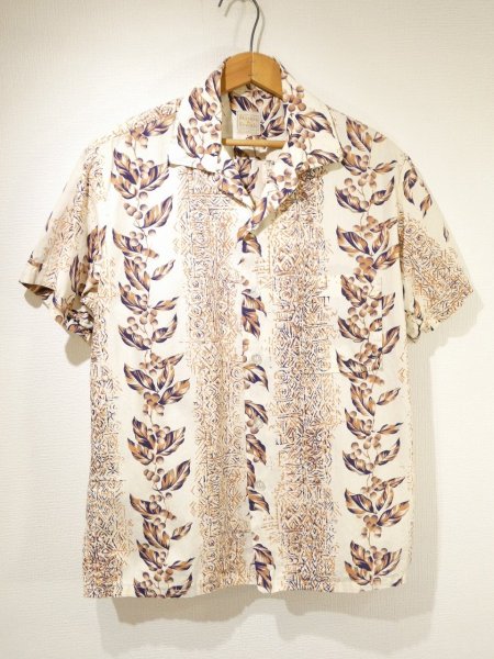 画像1: 60s Harris & Frank ALL OVER BORDER PATTERN COTTON HAWAIIAN SHIRT (1)